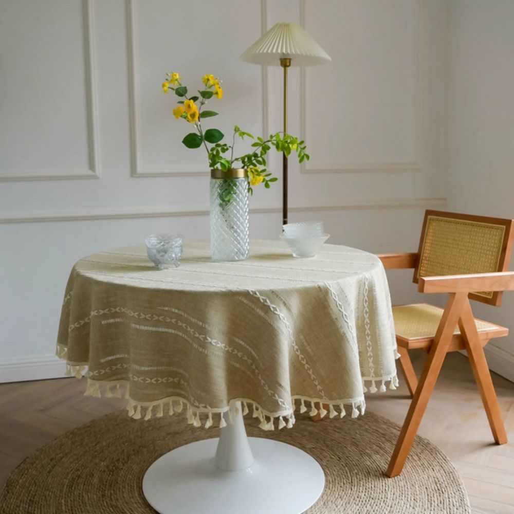 Liora Round Table Cloth - Microfiber, Embroidered Leaf Design 7