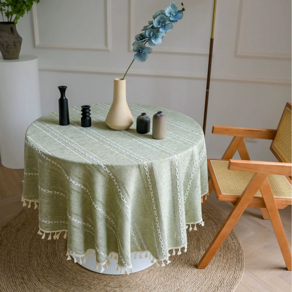 Liora Round Table Cloth - Microfiber, Embroidered Leaf Design 8
