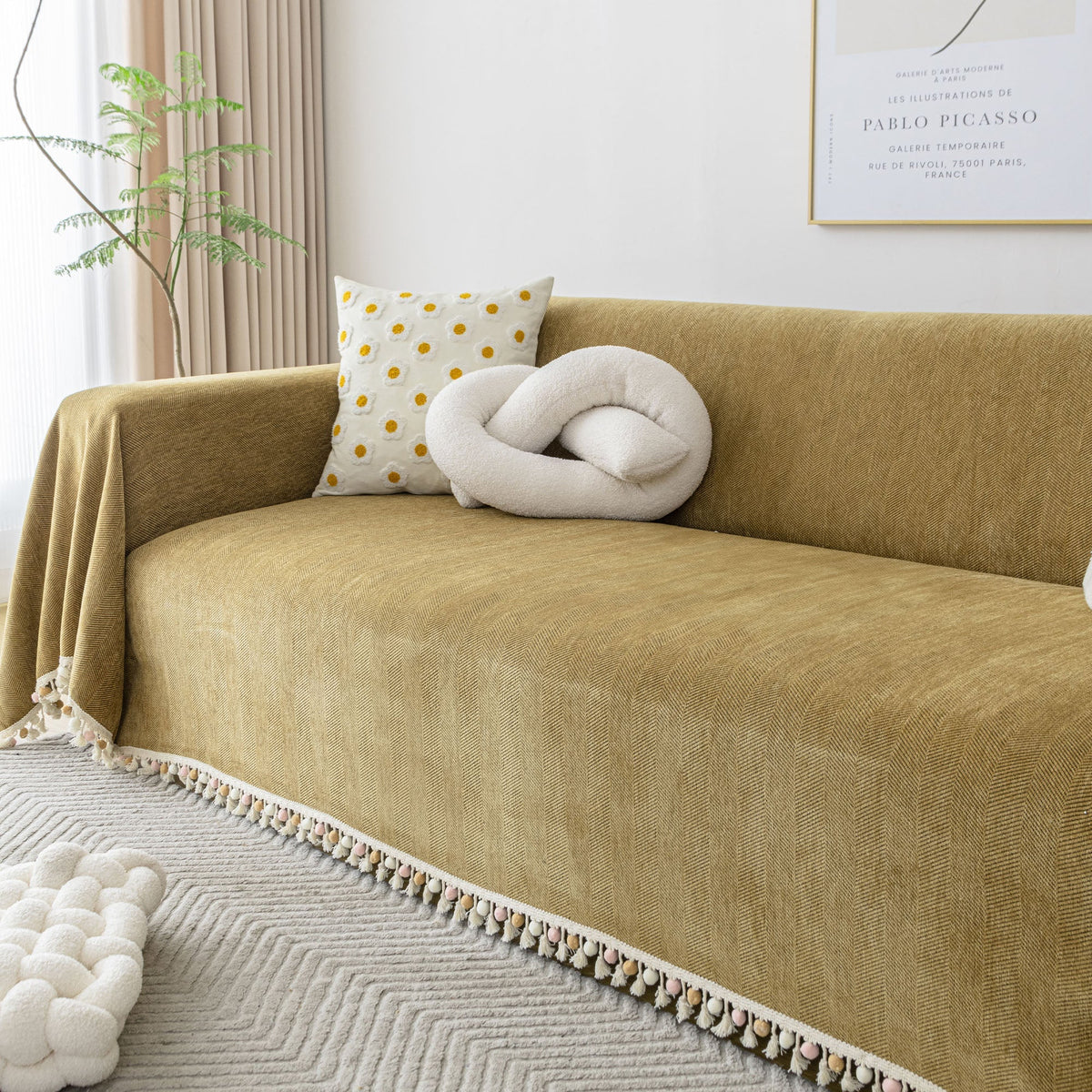 Liora Sofa Cover - Durable Herringbone Slipcover, Fringe Design 10