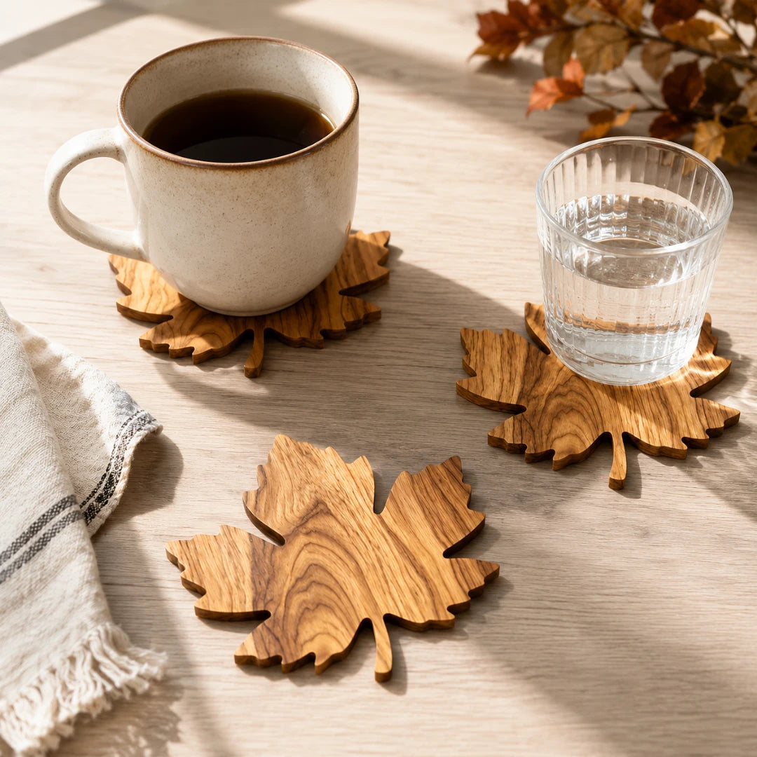 Lorien Coasters for Drinks - Solid Wood, Leaf-Shaped Design, 3-Piece Set 2