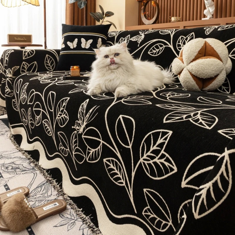 Luxe Leaf Sofa Cover - Premium Chenille, Elegant Design 0