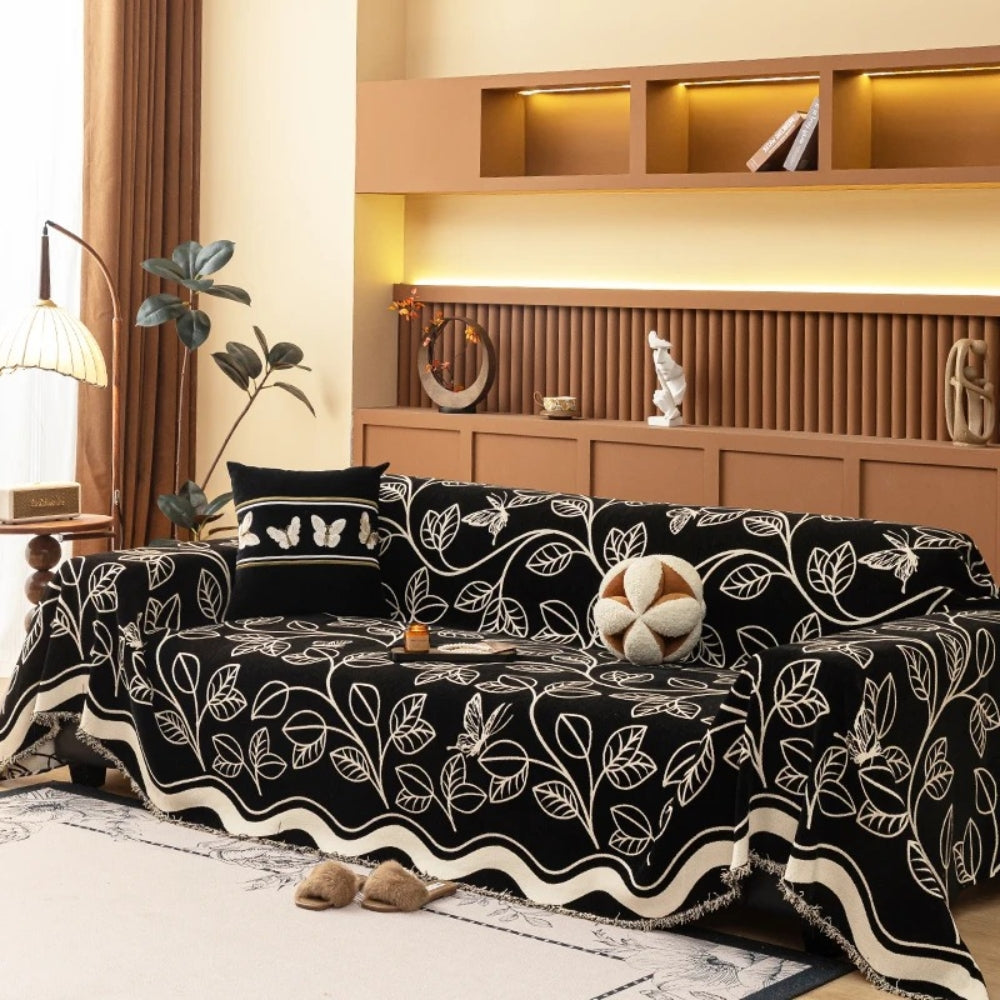 Luxe Leaf Sofa Cover - Premium Chenille, Elegant Design 1