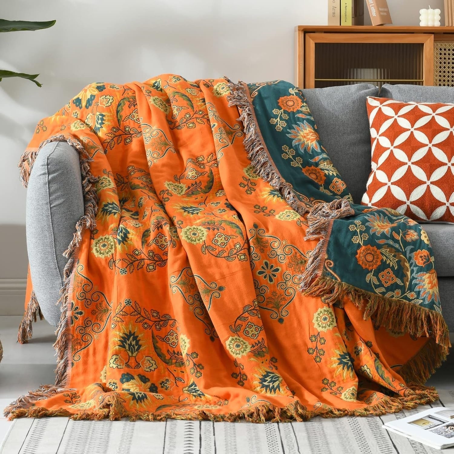 Marigold Throw Blanket - Reversible Cotton, Floral Design 1