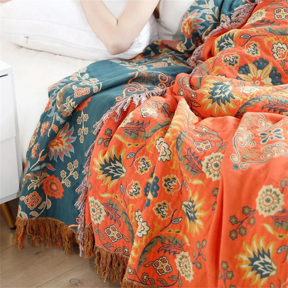 Marigold Throw Blanket - Reversible Cotton, Floral Design 2