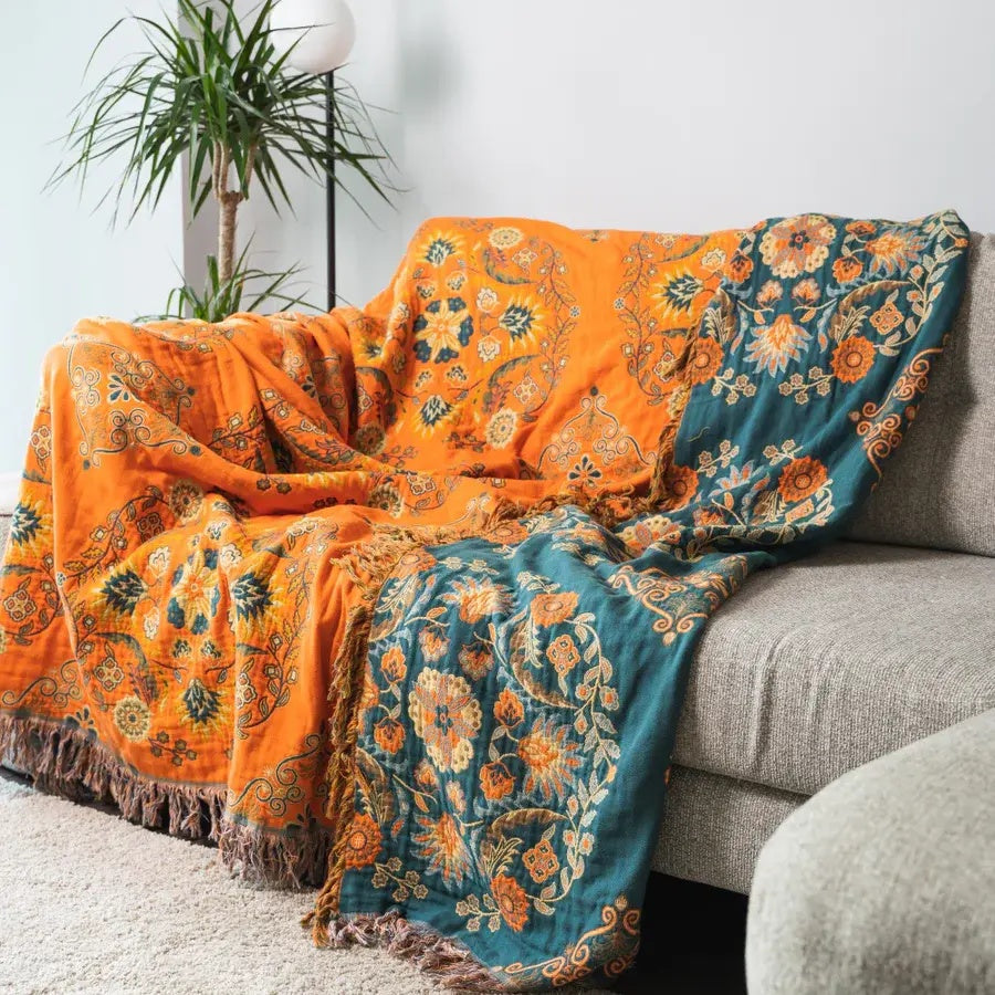 Marigold Throw Blanket - Reversible Cotton, Floral Design 3