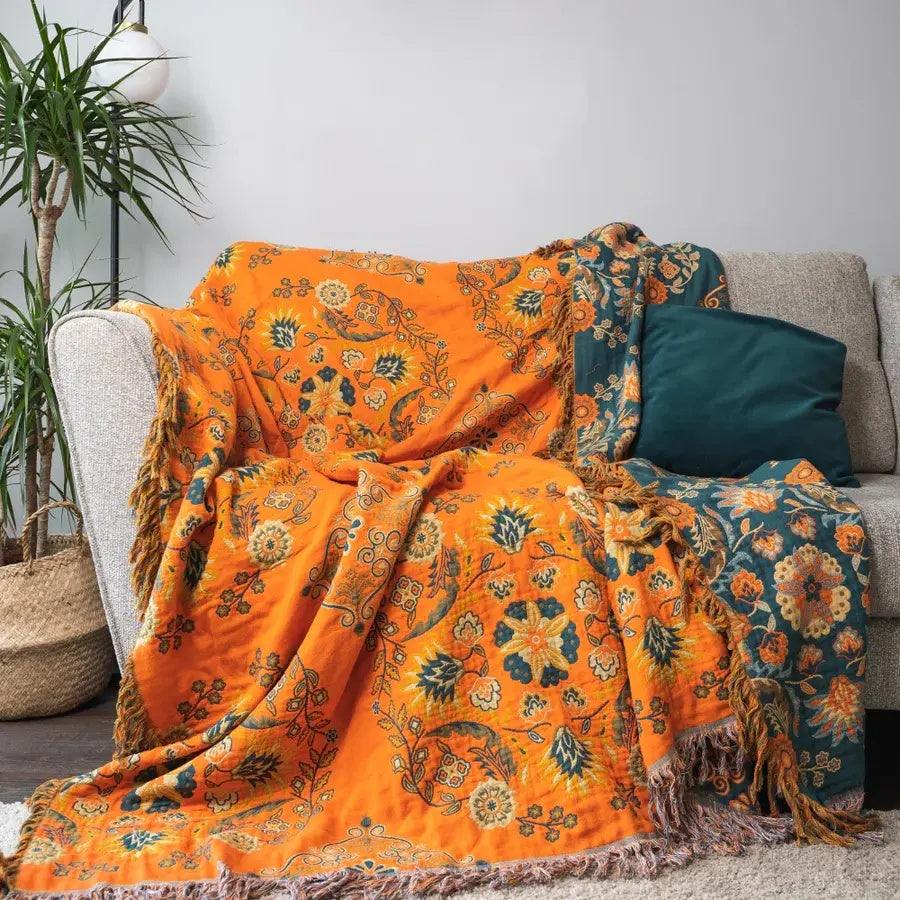 Marigold Throw Blanket - Reversible Cotton, Floral Design 5