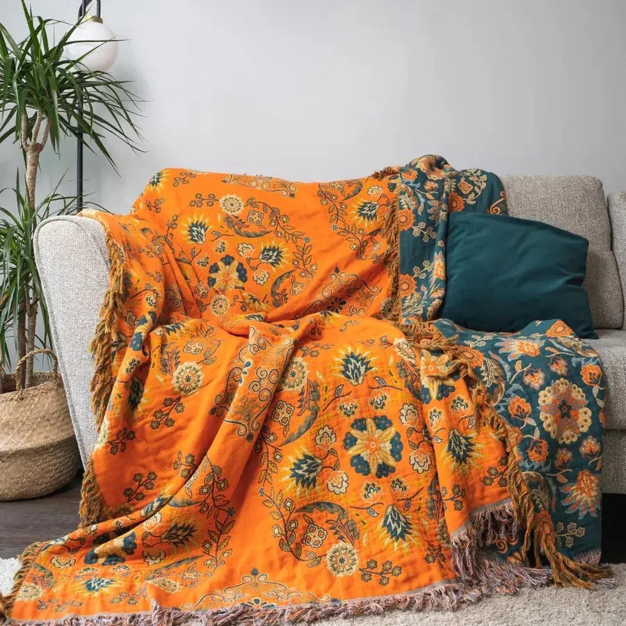 Marigold Throw Blanket - Reversible Floral Design, 100% Cotton 5