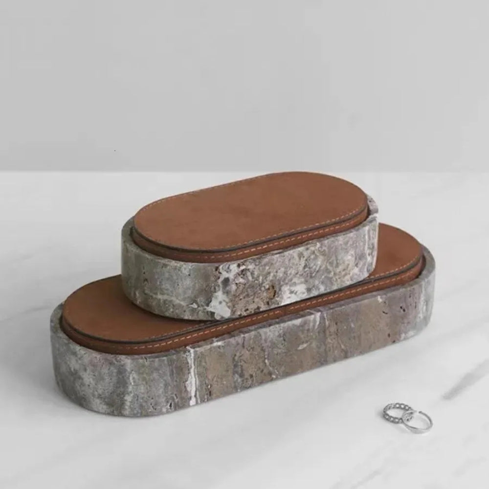 Marlo Jewelry Box for Women - Natural Travertine Stone with Leather Lid 2