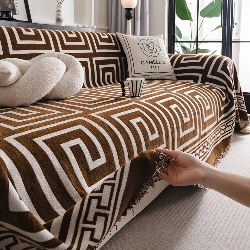 Mosaic Sofa Cover - Chenille, Bohemian Tassels, Durable Slipcover 1