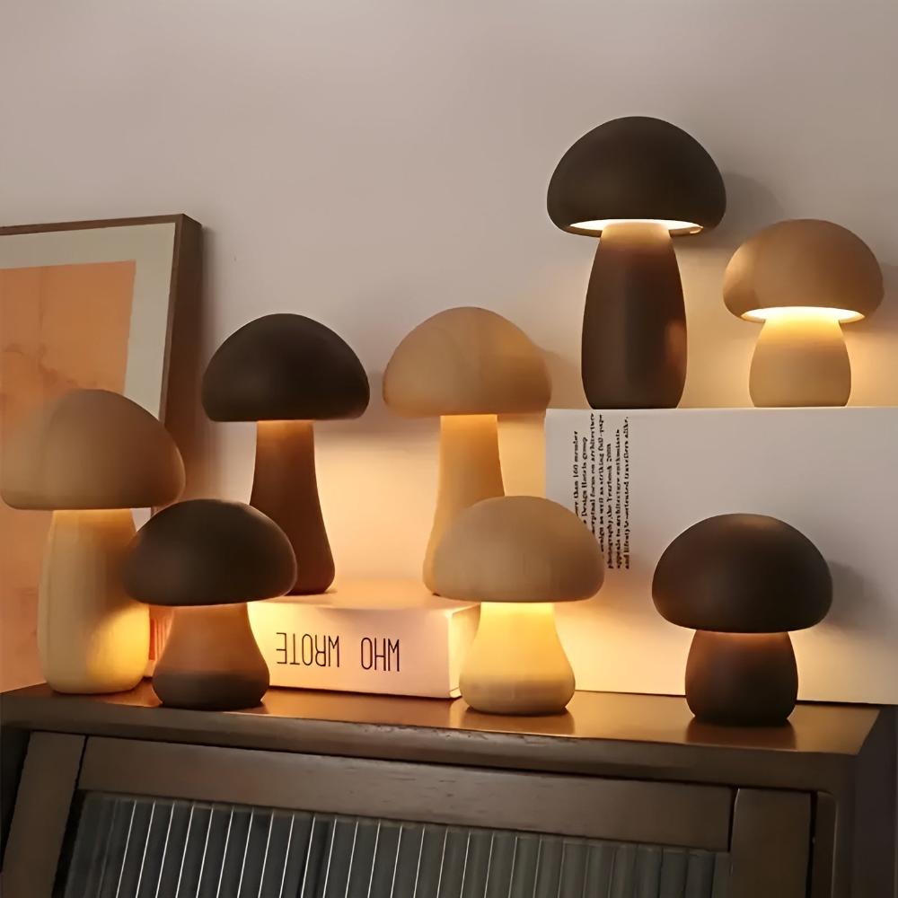 Mushroom Table Lamp - Wooden, USB-C Rechargeable LED Lights 7