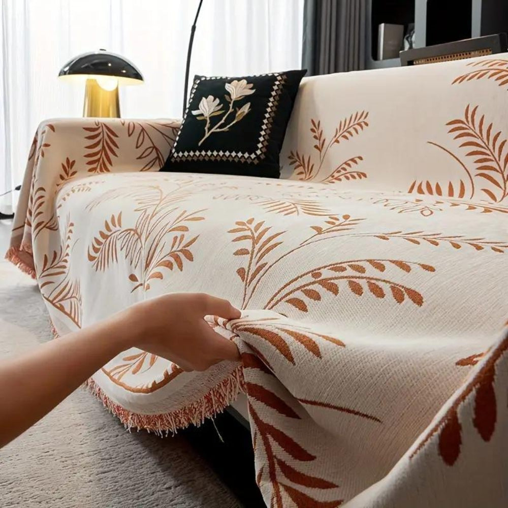 Natura Chenille Sofa Cover - Cotton Blend, Non-Slip, Stylish Tassels 2