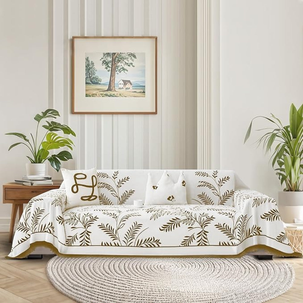 Natura Chenille Sofa Cover - Cotton Blend, Non-Slip, Stylish Tassels 7