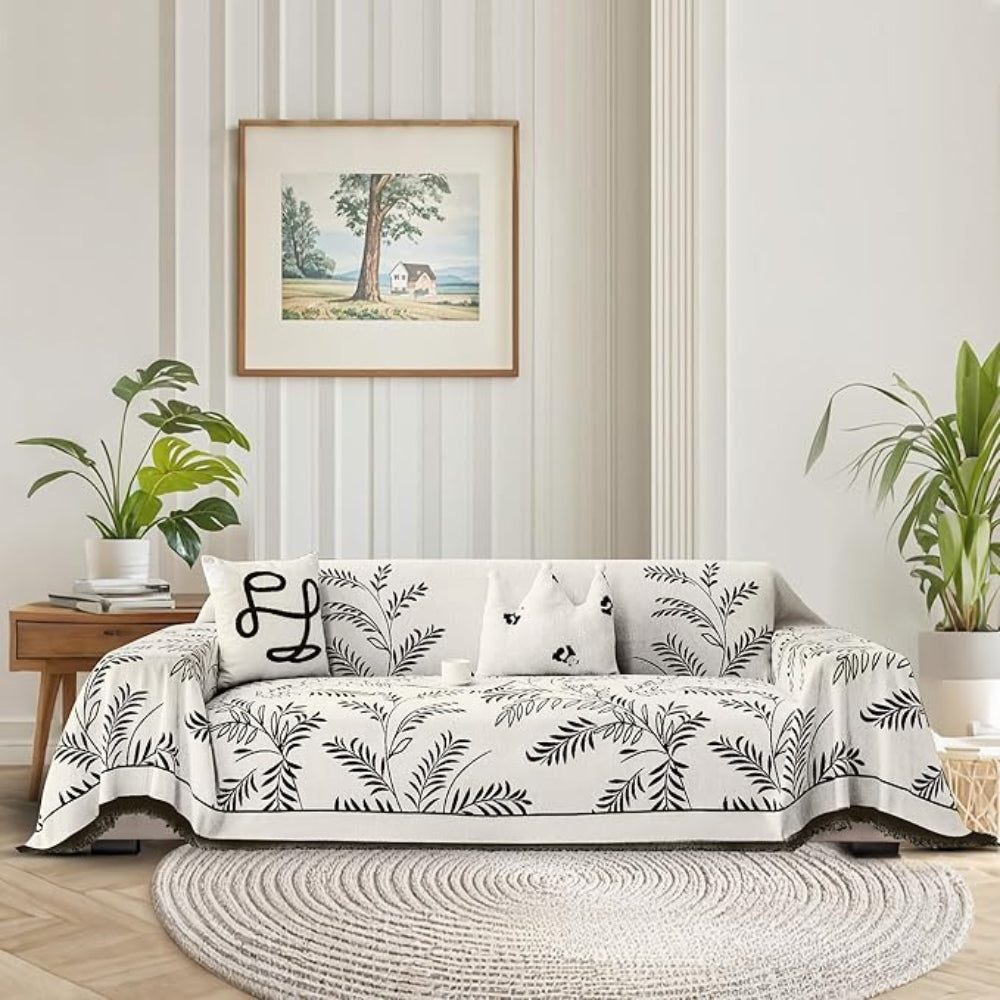 Natura Chenille Sofa Cover - Cotton Blend, Non-Slip, Stylish Tassels 8