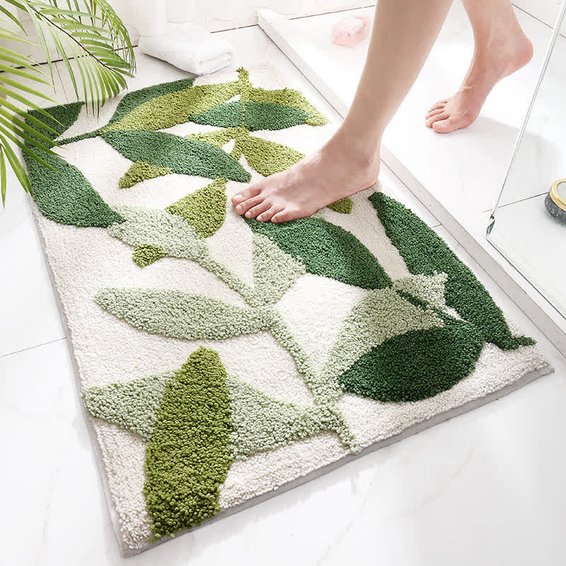 Orelia Washable Area Rug - Green Leaf Print, Soft Non-Slip 0