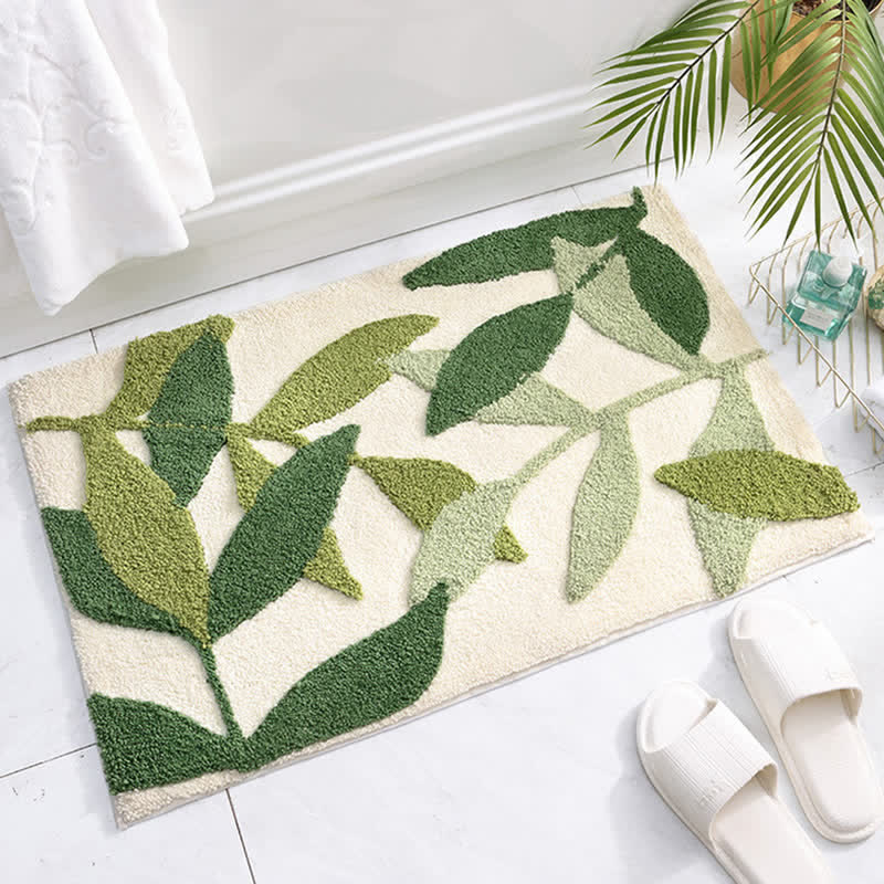 Orelia Washable Area Rug - Green Leaf Print, Soft Non-Slip 1