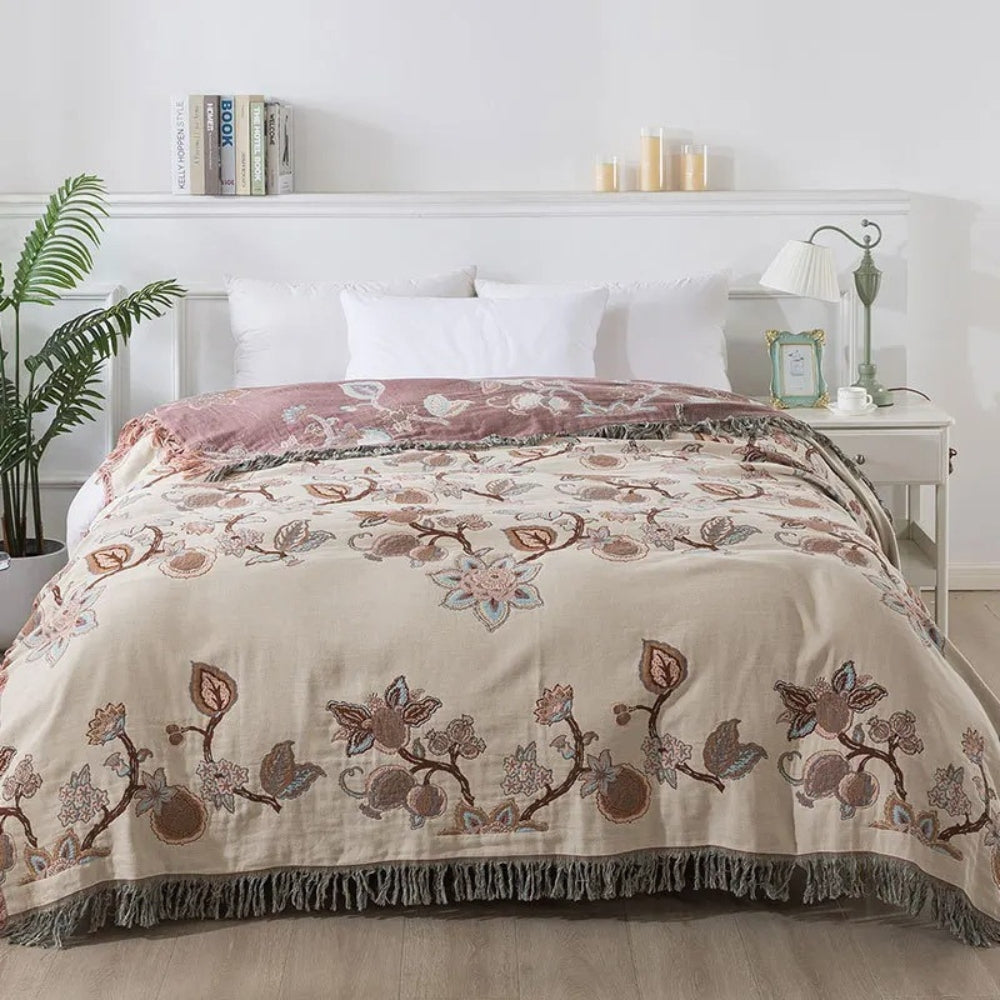 Orion Floral Bed Blanket - Cotton, Jacquard Design with Tassel Trim 1