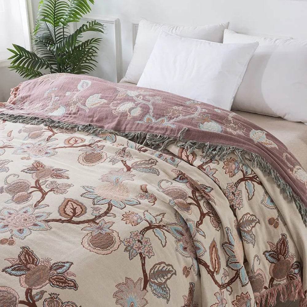 Orion Floral Bed Blanket - Cotton, Jacquard Design with Tassel Trim 2