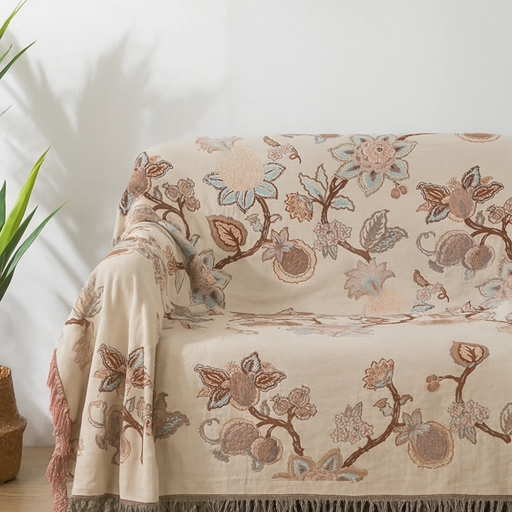 Orion Floral Bed Blanket - Cotton, Jacquard Design with Tassel Trim 4