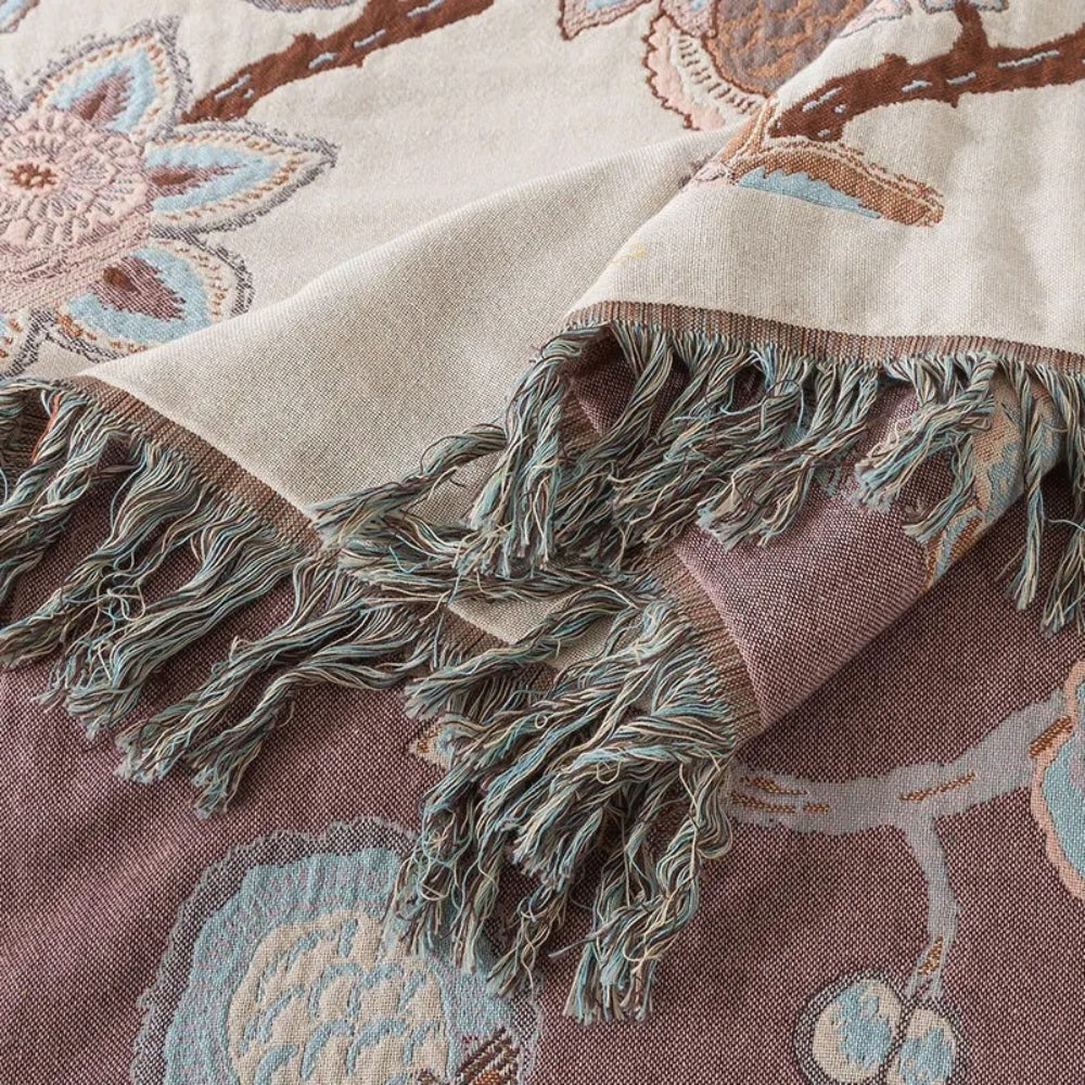 Orion Floral Bed Blanket - Cotton, Jacquard Design with Tassel Trim 5