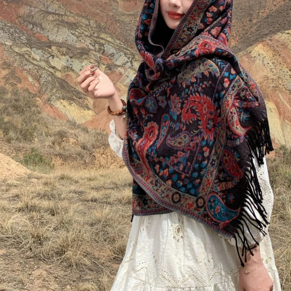 Pavia Women's Poncho Shawl - Soft Microfiber, Double-Sided Paisley Design 3