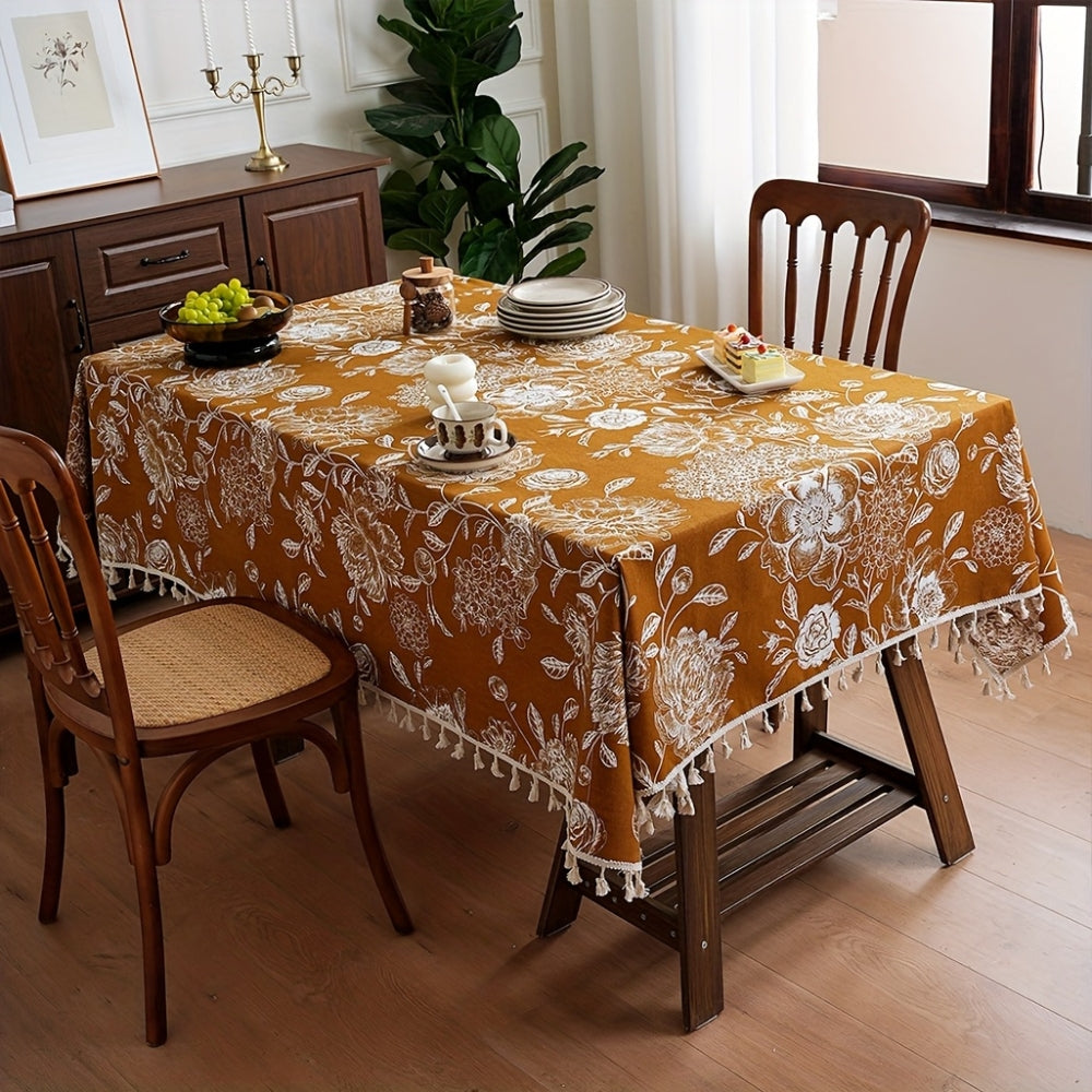 Pavo Floral Tablecloth - Microfiber Polyester, Tassel Trimmed 6