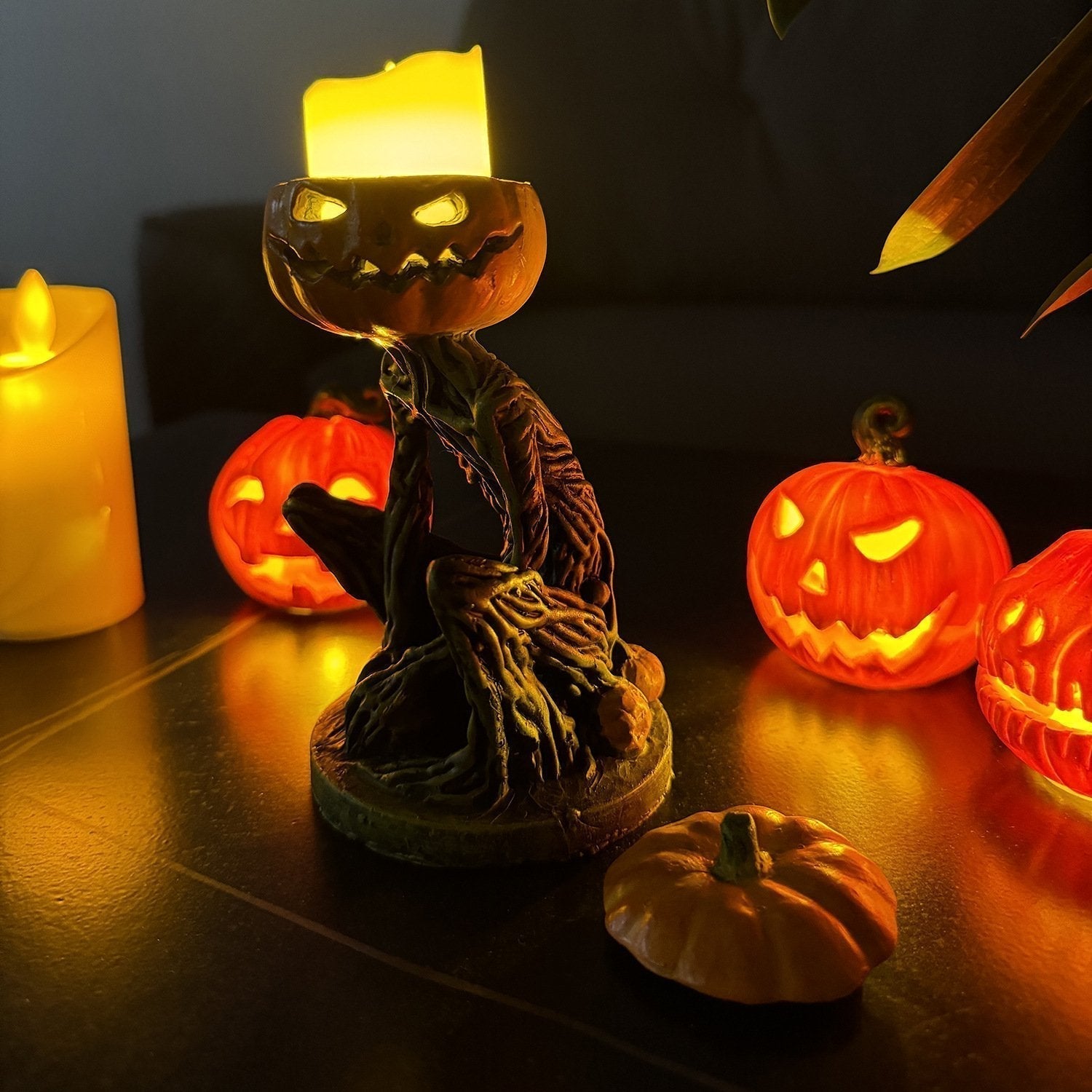 Phantom Pumpkin Grimm Decoration - Handmade Marble Flour, Illuminated Halloween Accent 0