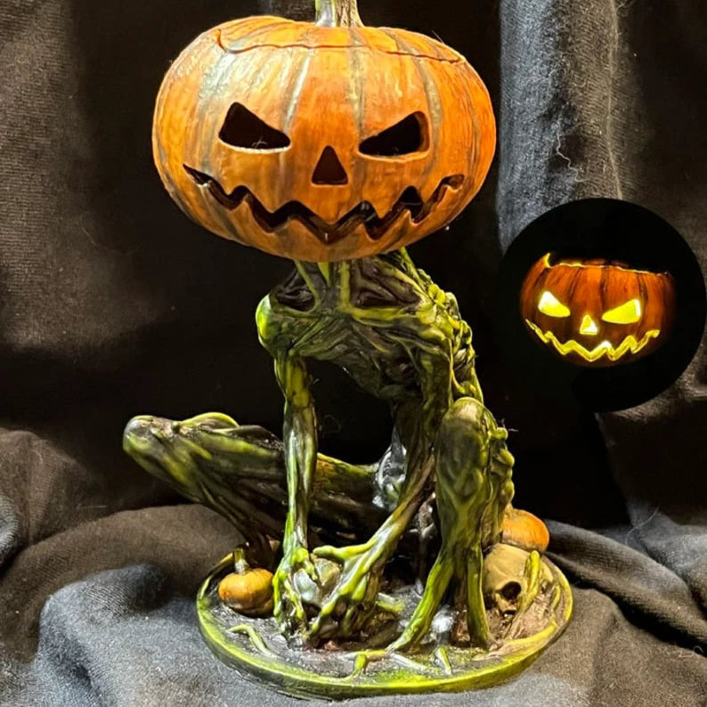 Phantom Pumpkin Grimm Decoration - Handmade Marble Flour, Illuminated Halloween Accent 1