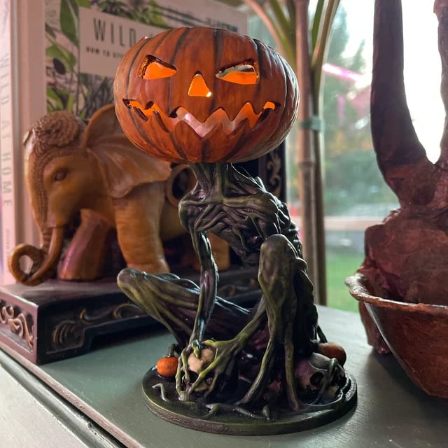 Phantom Pumpkin Grimm Decoration - Handmade Marble Flour, Illuminated Halloween Accent 2