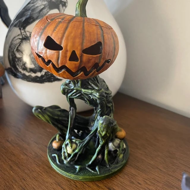 Phantom Pumpkin Grimm Decoration - Handmade Marble Flour, Illuminated Halloween Accent 4