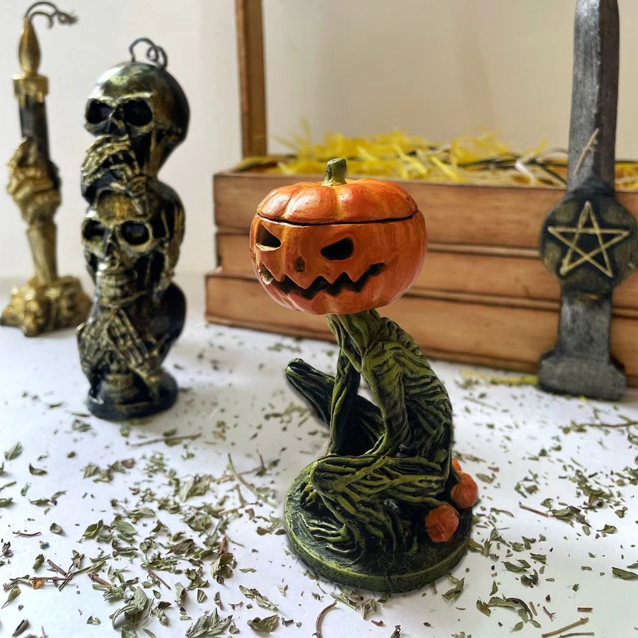 Phantom Pumpkin Grimm Decoration - Handmade Marble Flour, Illuminated Halloween Accent 5
