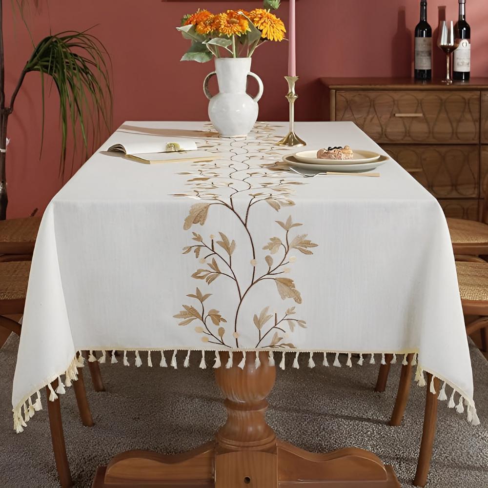 Pinegrove Tablecloth - Cotton-Linen Blend, Embroidered Floral Design 1