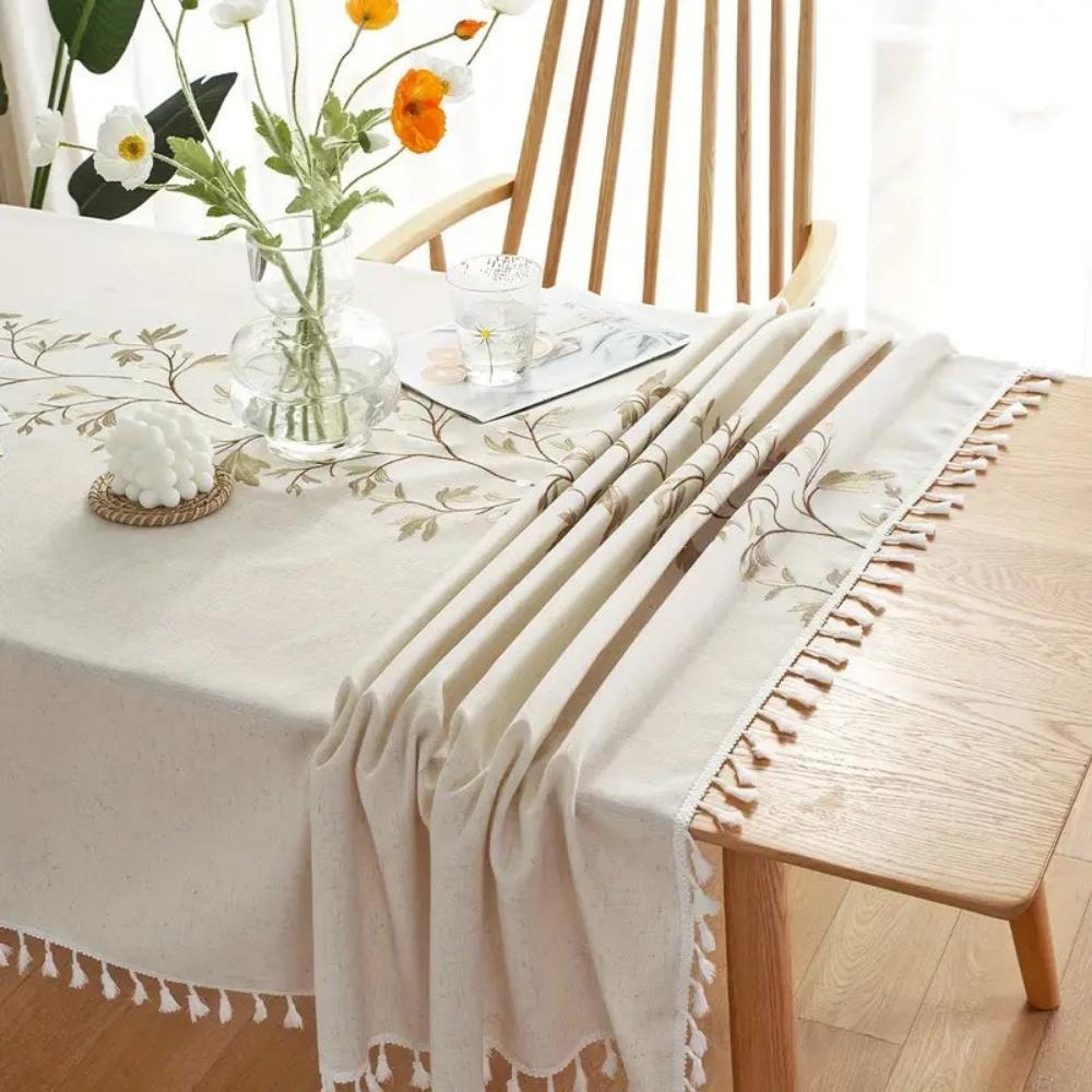 Pinegrove Tablecloth - Cotton-Linen Blend, Embroidered Floral Design 2