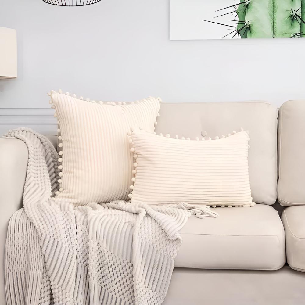 Plynn Ribbed Cushion Cover - Plush Fabric with Pom-Pom Accents 0