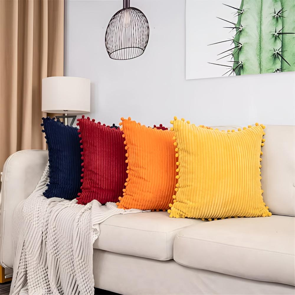 Plynn Ribbed Cushion Cover - Plush Fabric with Pom-Pom Accents 1