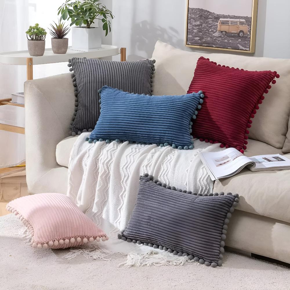 Plynn Ribbed Cushion Cover - Plush Fabric with Pom-Pom Accents 2