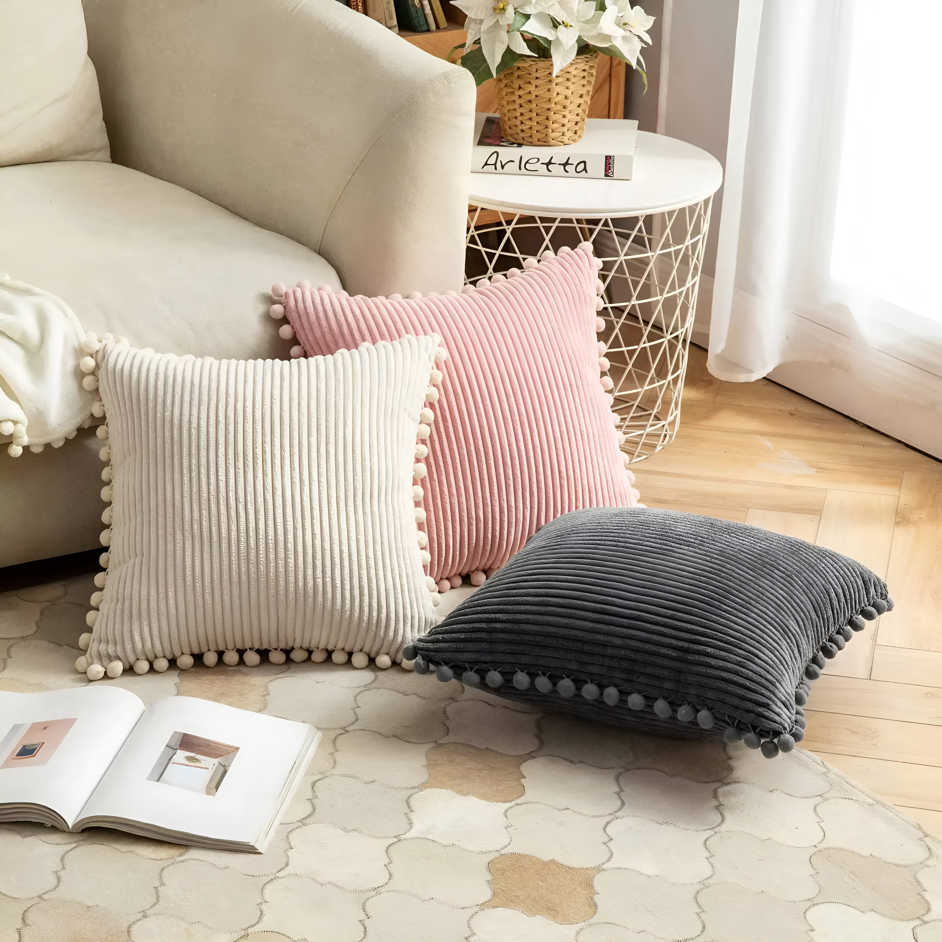 Plynn Ribbed Cushion Cover - Plush Fabric with Pom-Pom Accents 3