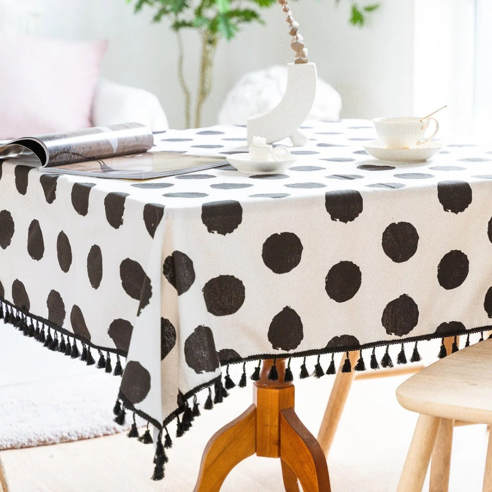 Polara Charm Table Cloth - Microfiber Blend, Black Polka Dot with Tassel Edging 0