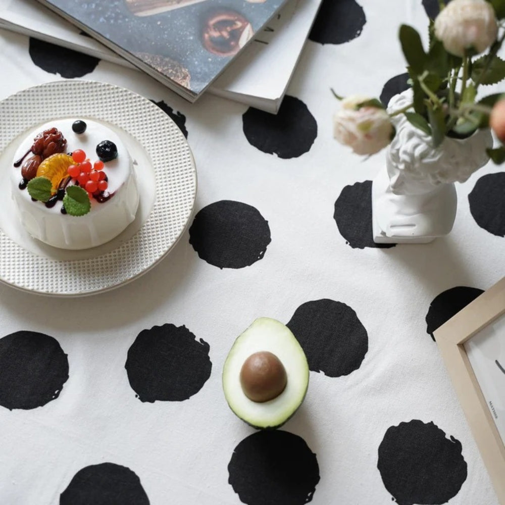 Polara Charm Table Cloth - Microfiber Blend, Black Polka Dot with Tassel Edging 2