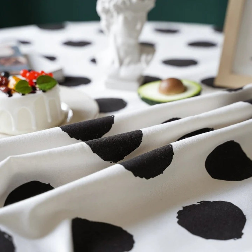 Polara Charm Table Cloth - Microfiber Blend, Black Polka Dot with Tassel Edging 3
