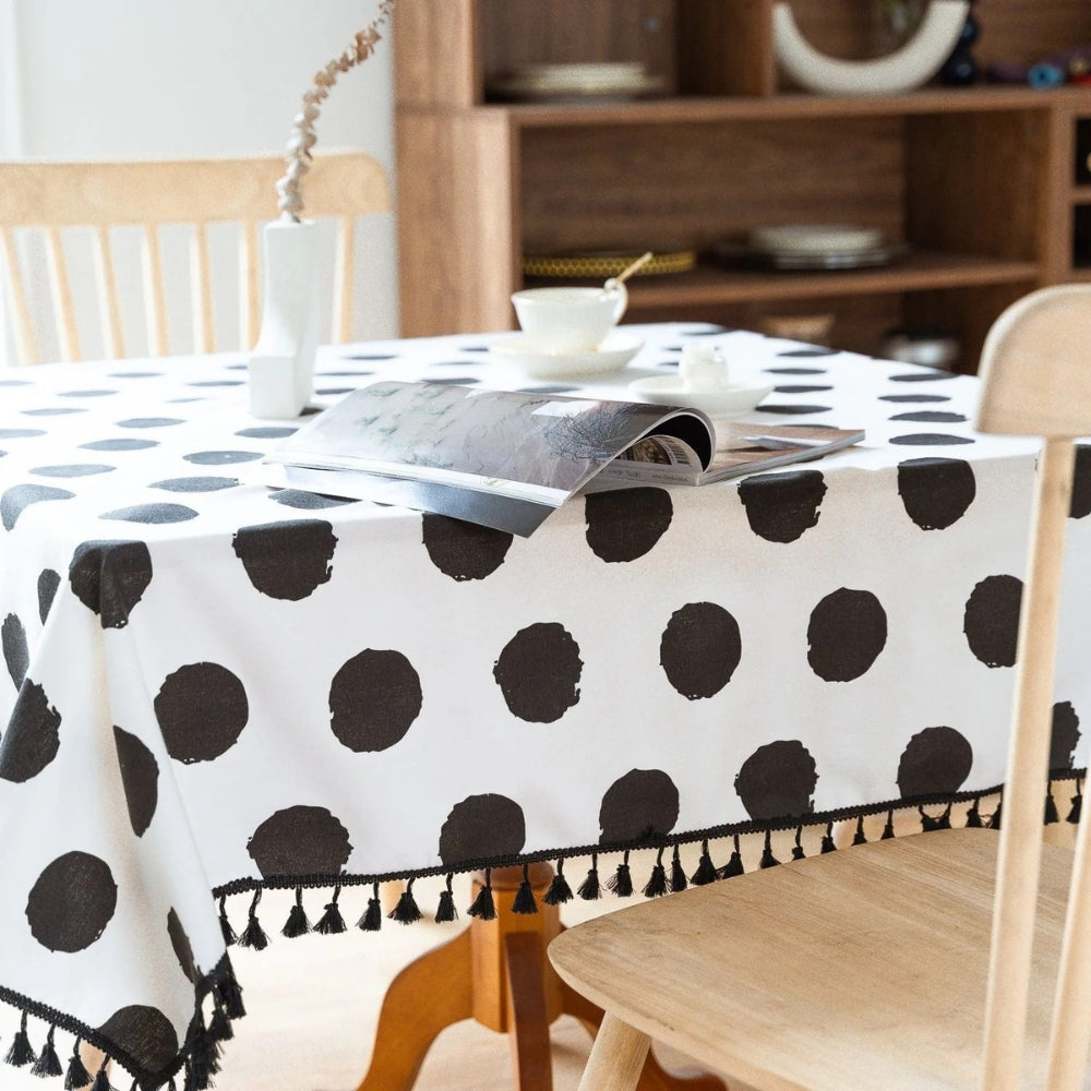 Polara Charm Table Cloth - Microfiber Blend, Black Polka Dot with Tassel Edging 4