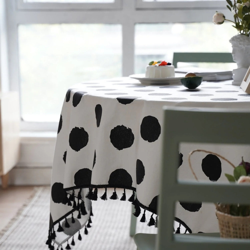 Polara Charm Table Cloth - Microfiber Blend, Black Polka Dot with Tassel Edging 5