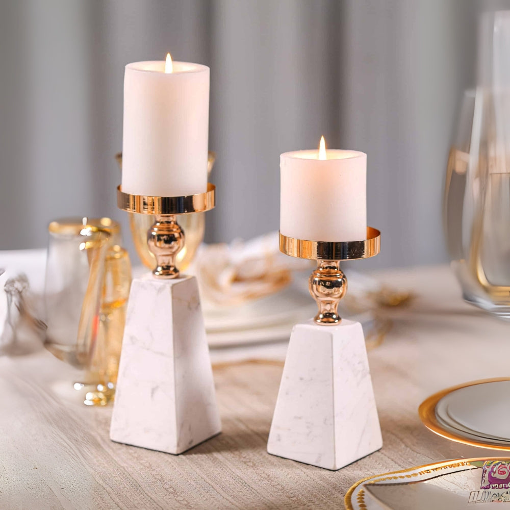 Prysm Candle Holder - Marble with Gold Accent, Modern Pyramid Design 1