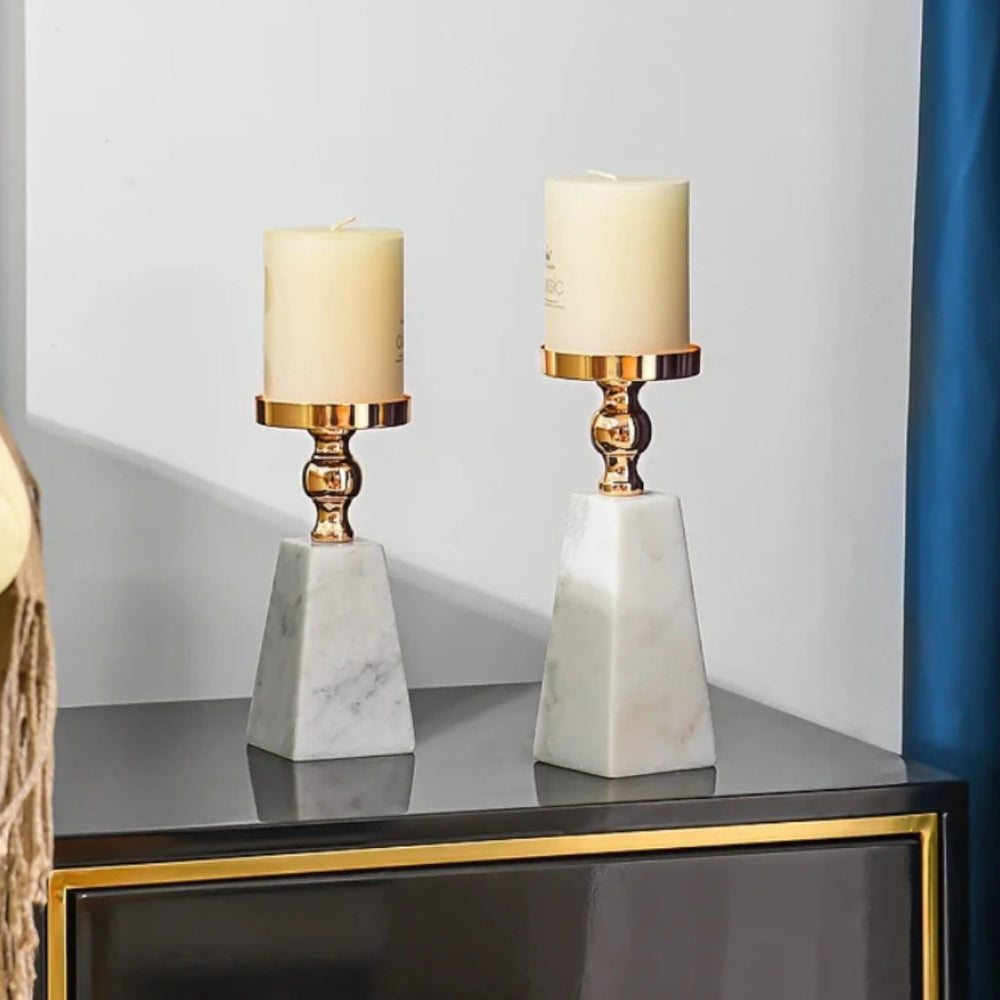 Prysm Candle Holder - Marble with Gold Accent, Modern Pyramid Design 2