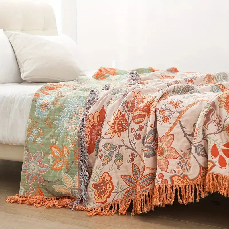 Ravelle Boho Blanket - 100% Cotton, Floral Design with Fringe 0
