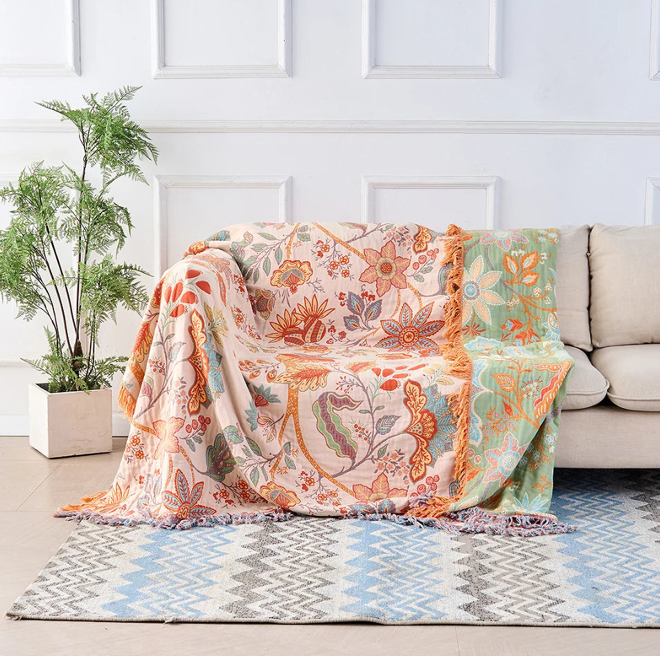 Ravelle Boho Blanket - 100% Cotton, Floral Design with Fringe 1