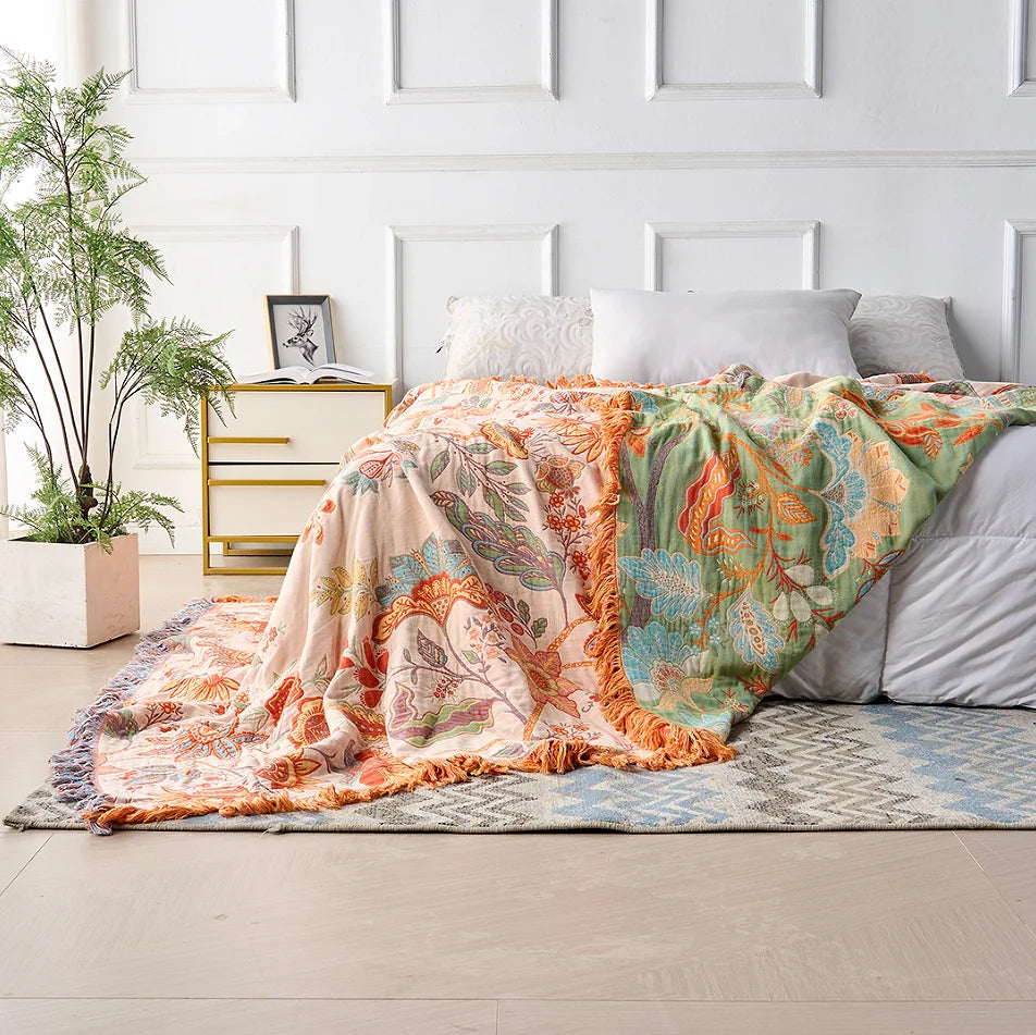 Ravelle Boho Blanket - 100% Cotton, Floral Design with Fringe 3