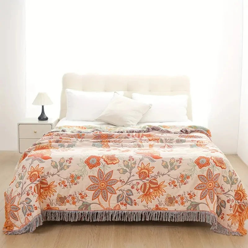 Ravelle Boho Blanket - 100% Cotton, Floral Design with Fringe 4