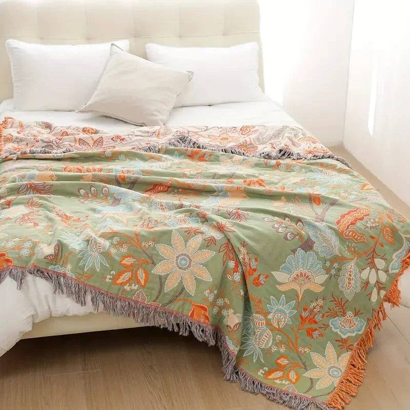 Ravelle Boho Blanket - 100% Cotton, Floral Design with Fringe 8