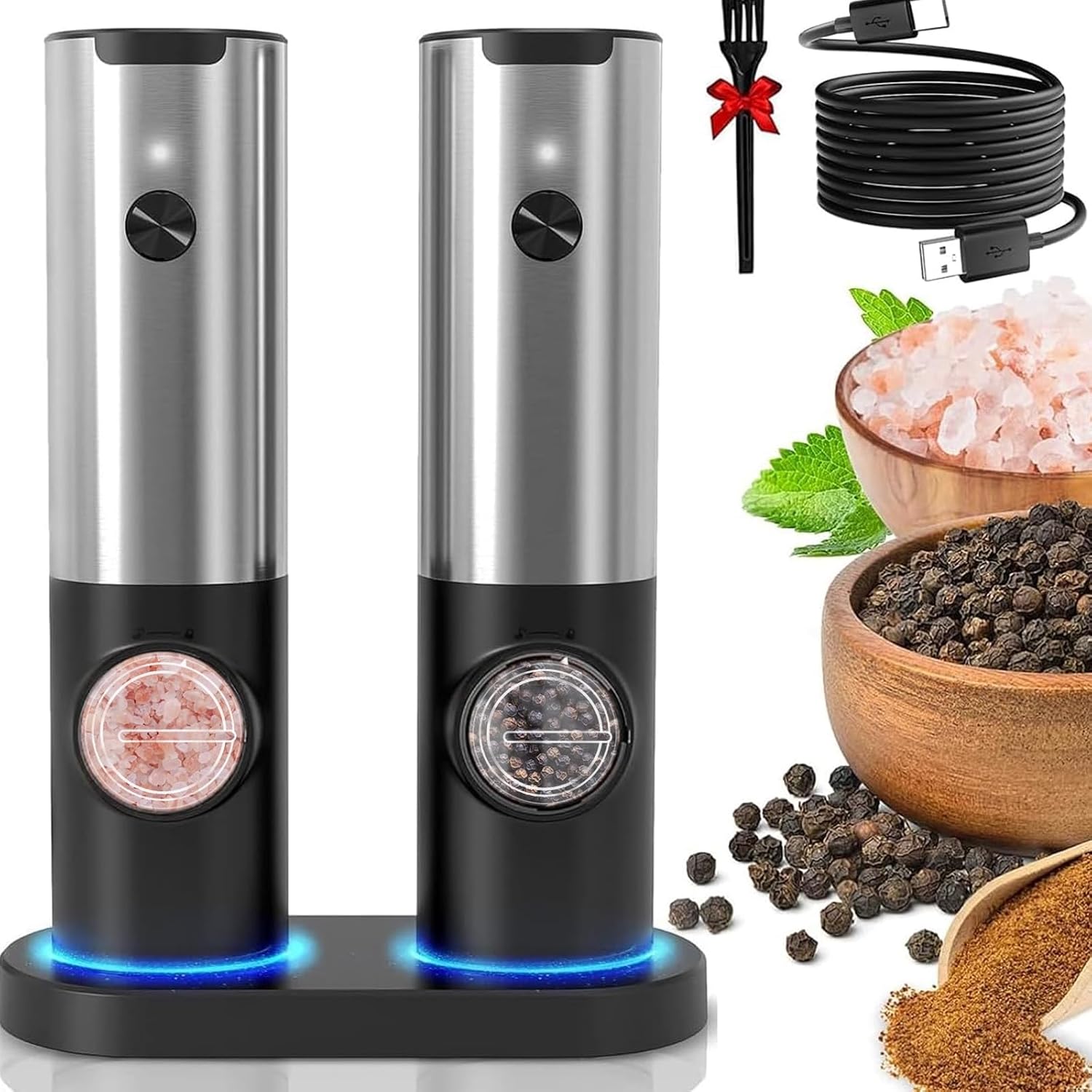Ravello Electric Salt and Pepper Grinder Set - Rechargeable Stainless Steel, One-Handed Operation 1
