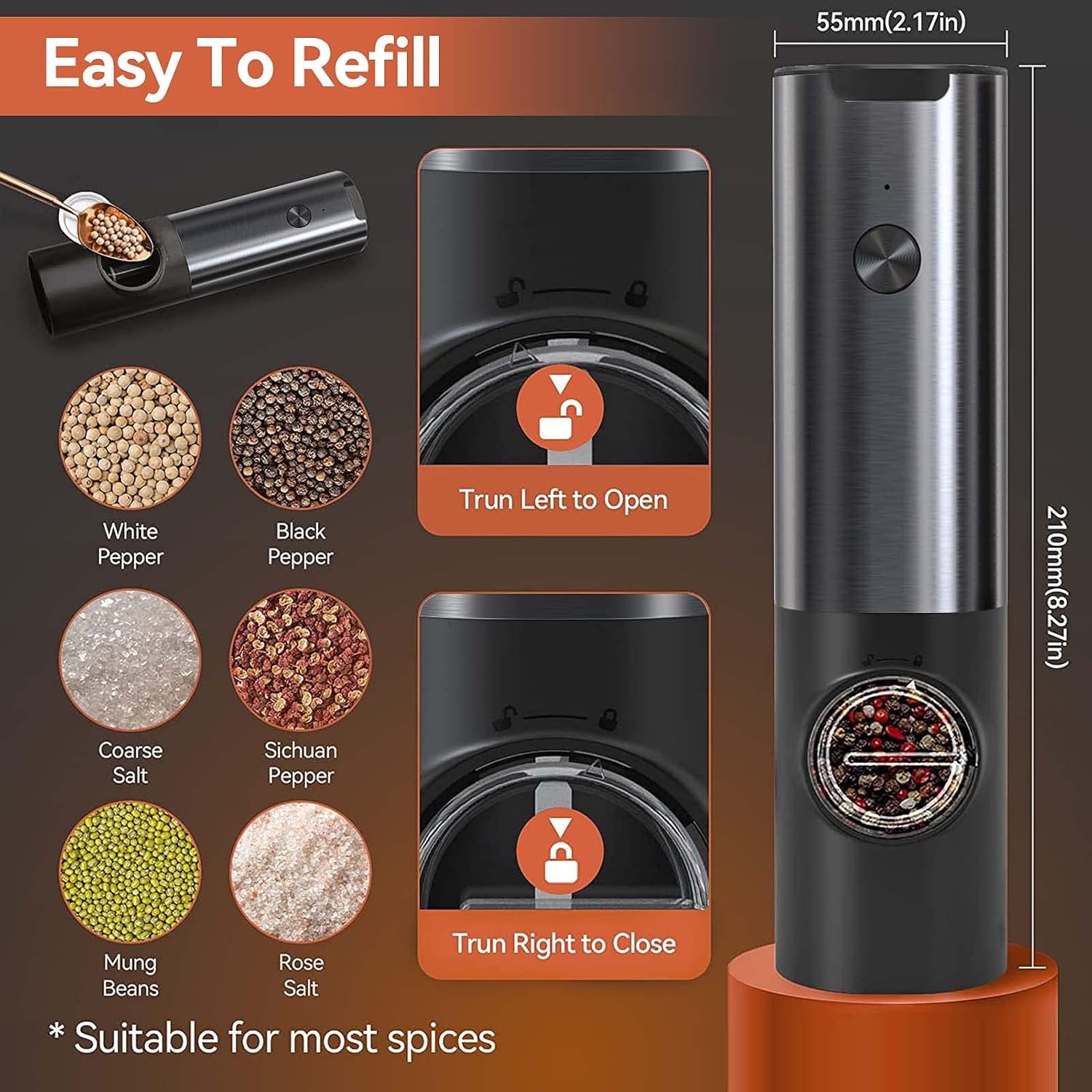 Ravello Electric Salt and Pepper Grinder Set - Rechargeable Stainless Steel, One-Handed Operation 3